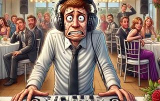 a nervous anxious and awkward wedding DJ embarrassing themselves at a wedding - avoid it by hiring a professional wedding DJ in Raleigh like Stylus