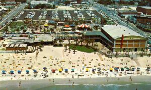 Vintage aerial postcard of the Myrtle Beach Pavilion and amusement park during the early Carolina Beach Music era.